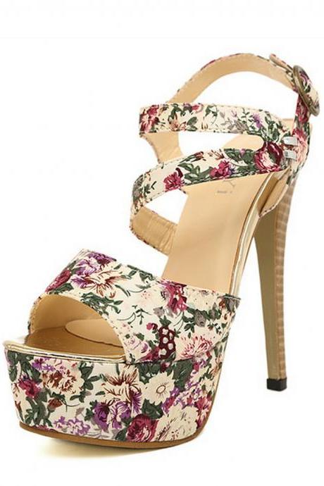 Sexy Women's Floral Print Strap Peep Toe Platforms Heeled Sandals With Assymetric Cute