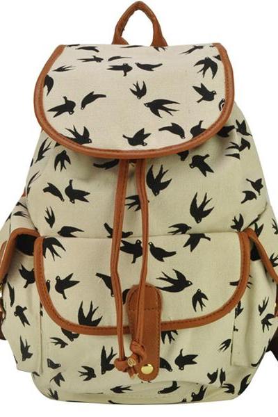 Women&amp;amp;#039;s Full Fox And Swallows Print Canvas School Bag Travel Backpack