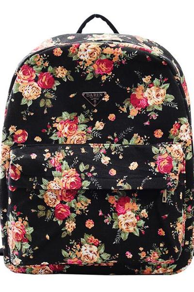 Women&amp;amp;#039;s Floral Print Black School Bag Travel Backpack