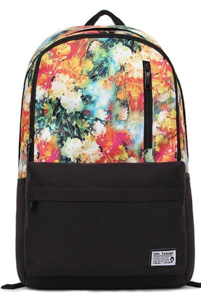 Flowers Print Canvas School Bag Travel Backpack