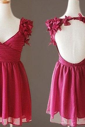 Lovely Rose Red Short Party Dress With Flower, Short Reception Dresses, Wedding Party Dresses(color#16)