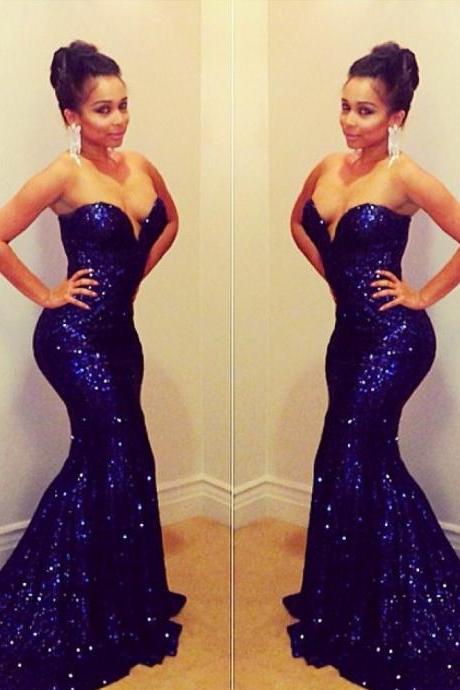 Sparkling Sweetheart Dark Blue Sequined Lace Mermaid Prom Dresses Long Evening Gowns 2014 New Fashion With Train