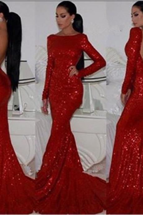 2015 New Fashion Sparkly High Neck Sequined Mermaid Red Prom Dresses Long Sleeves Sexy Long Formal Evening Gown