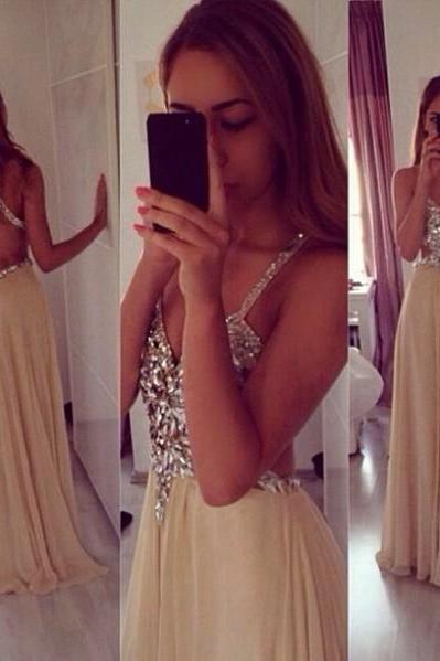2015 New Sexy Spaghetti Straps V Neck Champagne Chiffon Crytal Long Evening Dresses Floor Length Open Back Prom Dresses