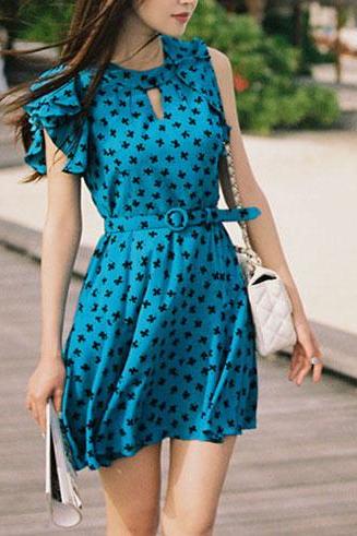 Sexy Sweet Cut Out Ruffled Cap Sleeve Floral Print Dress
