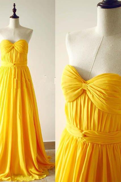 Pretty Handmade Yellow Sweetheart Long Prom Dresses 2015, Yellow Bridesmaid Dresses