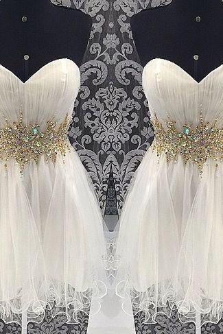Custom Made A Line Short Sweetheart Neckline White Prom Dresses, Formal Dresses