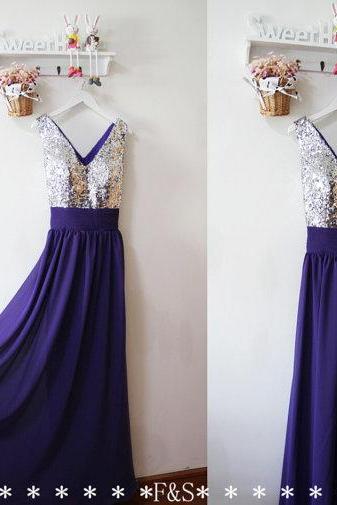 Purple Sequin Bridesmaid Dress, Sexy Purple Evening Prom Dress, Low Back Prom Homecoming Dress, Purple Dress, Long Chiffon Bridesmaid Dress