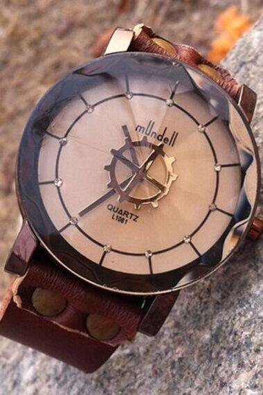 Retro Rinestone Leather Watch-Handmade Gear Watch Women Wristwatch Mens Leather Watch