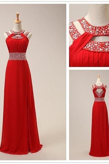 Fashion Red Chiffon Front Split Long Prom Dress,beaded Crystal High Neck Evening Dress,a Line Open Back Evening Prom Gowns,off The Shoulder Prom