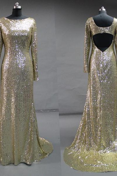 Shiny Sequin Gold Long Sleeves Mermaid Prom Dress,high Neck Open Back Long Evening Dress,custom Made Mermaid Evening Gown,sexy Prom Gown