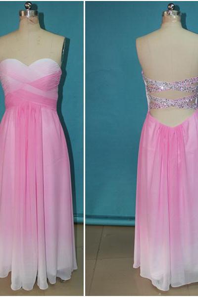 Open Back Pink Ombre Chiffon Sexy Long Prom Dress,backless Beadings Evening Prom Gown,sweetheart Ombre Bridesmaid Dress,custom Made Gradient