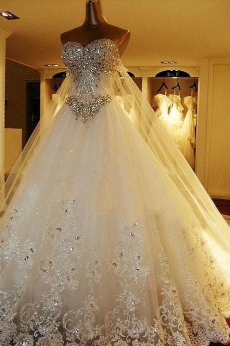 Amazing Luxury Wedding Gowns Bride Dresses Crystals Cathedral Wedding Dresses Free Veil Dresses for Wedding 2015, Wedding Dress