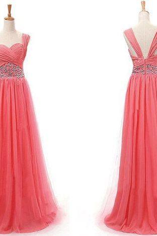 Pretty Watermelon Straps Chiffon Prom Dress 2015, Prom Dresses 2015, Formal Dresses, Evening Dresses