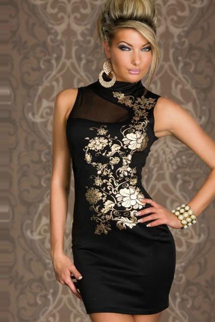 Sexy Mandarin Collar Floral Print Black Dress
