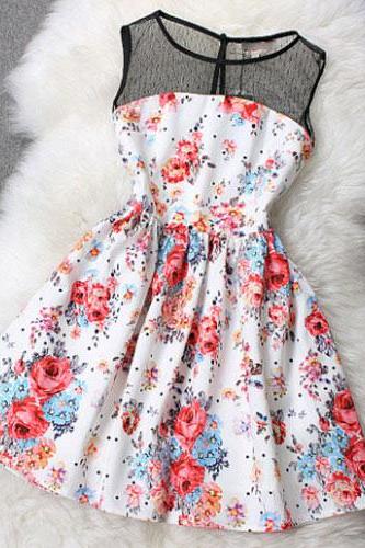 Sexy Floral Print Splicing Sleeveless Mesh Top Flared Skater Dress