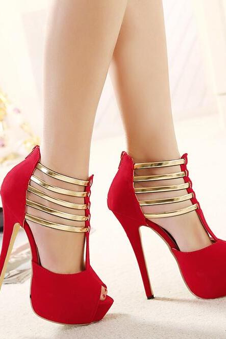 Classy Red and Gold Peep toe High Heels Sandals