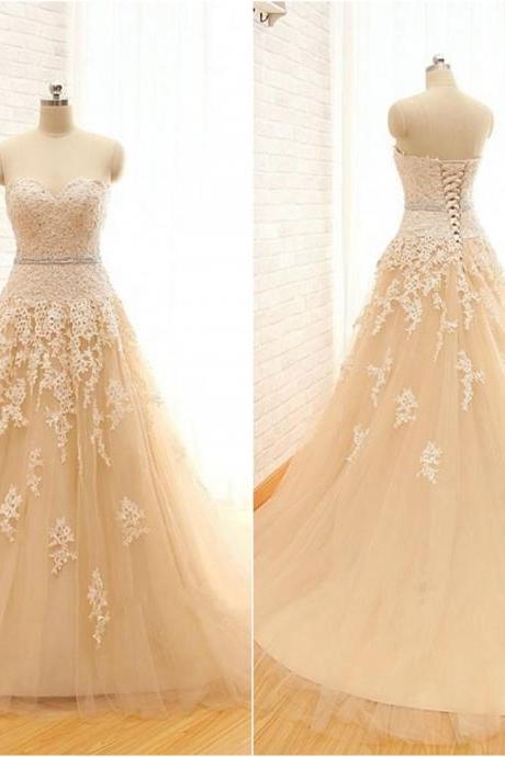 Champagne Floor Length Lace Tulle A-Line Wedding Gown Featuring Sweetheart Bodice 