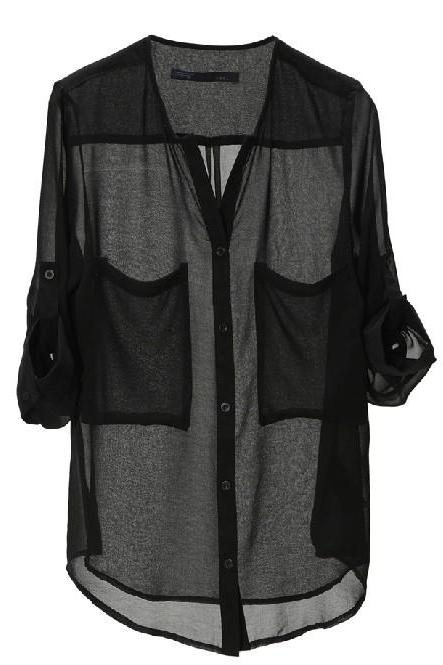 Black Chiffon Plunge V Tabbed Sleeve Button Down Shirt With Pocket Accent