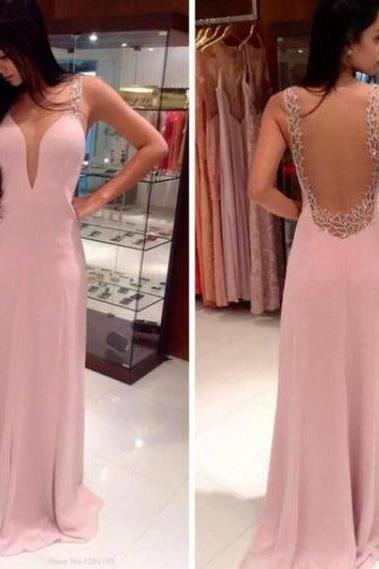 Custom Made Pink A Line V Neck Floor Length Chiffon Prom Dresses, Evening Dresses