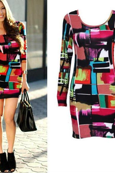Sexy Women Long Sleeve Sexy Party Print Package Hip Mini Dress