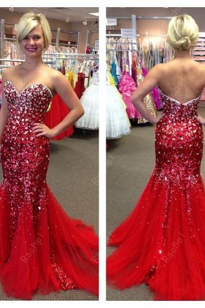Stylish Beaded Crystals Sweetheart Long Red Mermaid Prom Dresses Vestido Formal Women Pageant Evening Gowns 2015