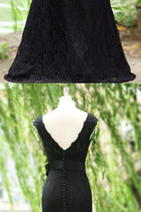 Exquisite Mermaid Black Lace Prom Dress Scoop Neckline Ribbon Backless Floor-length Evening Dress Long Evening Dresses Mother Of The Bride