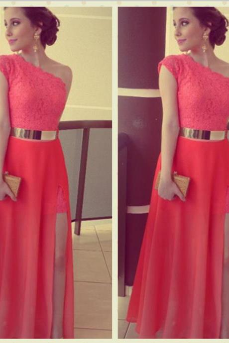 Hi-Lo Prom Dresses with Gold Metal Belt Lace Bodice Coral Cocktail Dresses Sexy Long Party Dresses, Long Prom Dresses, Dresses For Prom