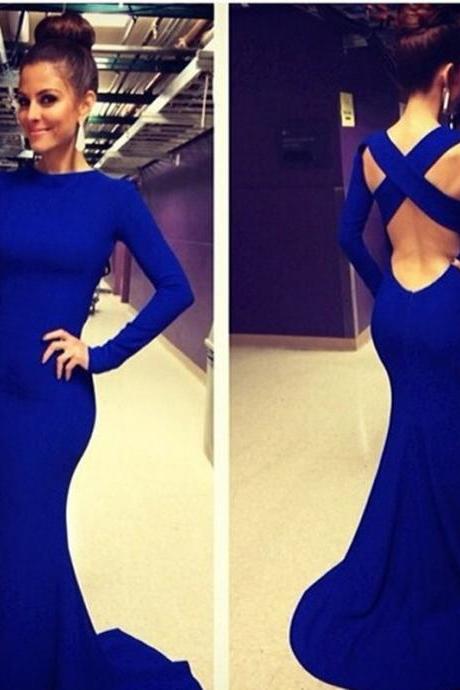 New Arrival High Neck Long Sleeve Criss Cross Backless Royal Blue Evening Gown Sexy Mermaid Prom Dresses Formal Dresses