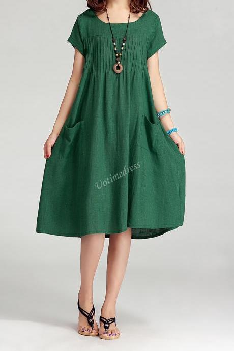 Grass Green Women Cotton Linen Long Dress Casual Skirt 2015 Summer Dress