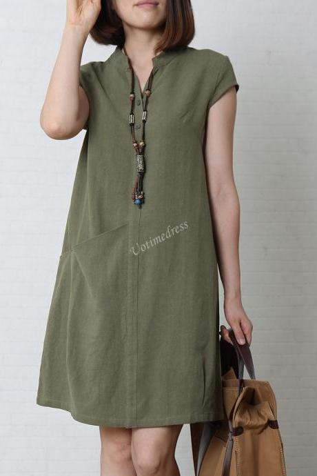 Green Women's Sundress Loose Cotton Linen Dress V-Neck 4 Colors