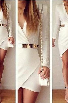 Chic White V Neck Asymmetrical Hem Mini Dress