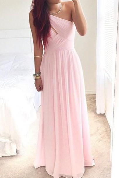 Custom Made A Line One Shoulder Pink Floor Length Prom Dresses, Evening Dresses