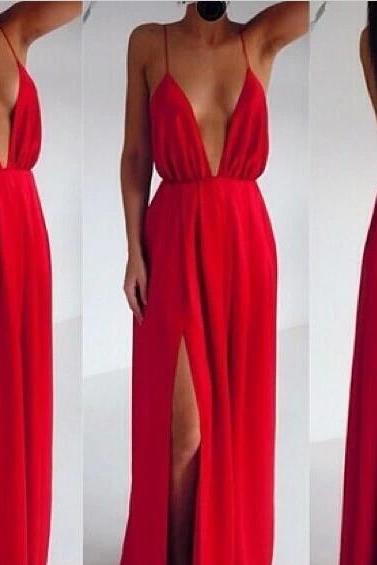 Fabulous Deep V Neck Maxi Dress In Red VC01MN