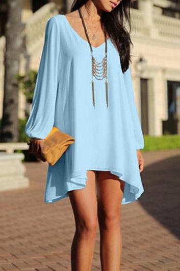 Gorgeous V Neck Light Blue High Low Design Dress