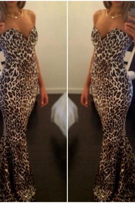 Leopard Print Off Shoulder Floor Length Mermaid Dress Vc40503mn