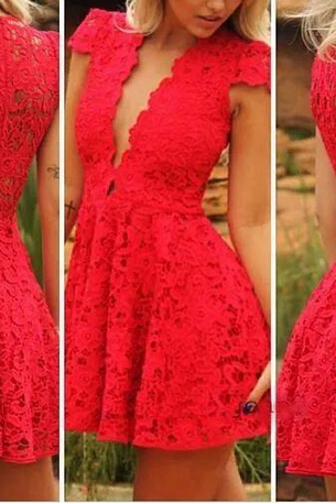 Beautiful V Neck Red Lace Dress VC40508MN