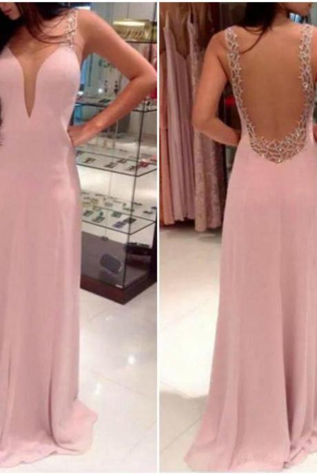 Pink Sleeveless Plunging V A-line Long Prom Dress, Evening Dress Featuring Open Back