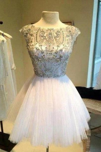 Custom Made Round Neck White Short Prom Dresses, Short Homecoming Dresses, Beaded Party Dresses, Dresses for Prom, Luulla Dresses