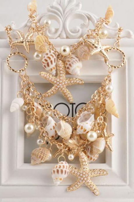 Hot Gold Chunky Tone Sea Shell Starfish Faux Pearl Bib Statement Women Necklace