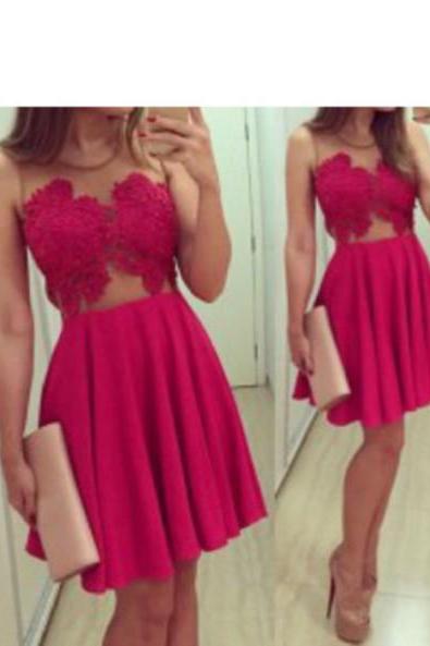 Custom Made A Line Round Neck Short Lace Prom Dresses, Lace Homecoming Dresses