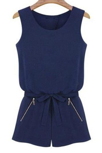 Navy Blue Crew Neck Sleeveless Romper Featuring Bow Accent Waist and Front Zipper Detailing