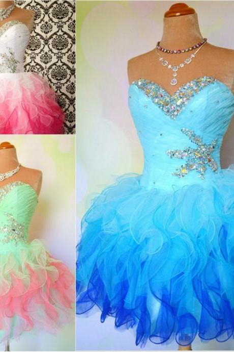 Custom Made Sexy Sweetheart Strapless Beads Short Prom Dresses Ruffles Ball Party Dresses Multi-Color Short Mini Organza Prom Dress,Homecoming Dress,Formal Dress