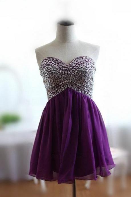 Pretty Cute Short Beadings And Seuqins Prom Dresses, Purple Homecoming Dresses 2015, Short Prom Dresses 2015, Formal Gowns