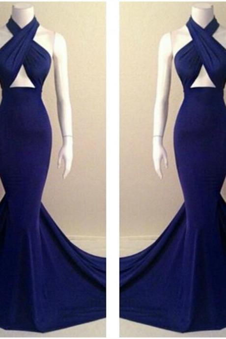 Fabulous Halter Design Royal Blue Long Mermaid Dress Vc40802mn