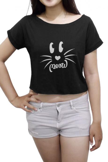 Meow Cat Shirt Women's Crop Tee Meow Shirt Funny Cat Crop Top
