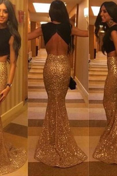 2015 New Gold Sequined Black Two piece Prom Dresses, Backless Mermaid Long Evening Dresses Low Back Sexy Party Dresses Prom Dresses Vestidos