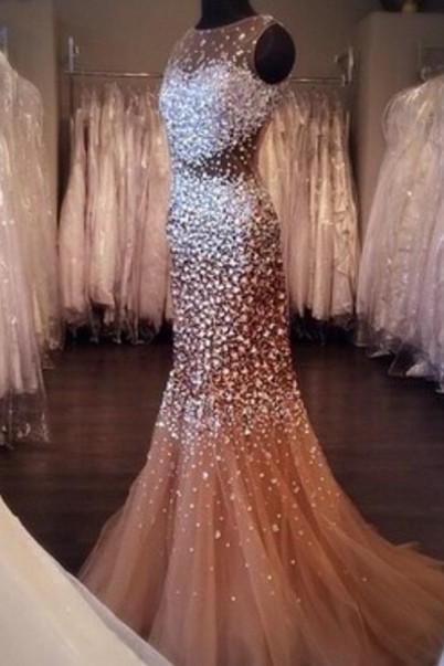 Exquisite Mermaid Prom Dresses Champagne Rhinestone Luxury Heavy Beaded Sexy Backless With Beads Sequins Custom Made Formal Dresses Graduation Dresses