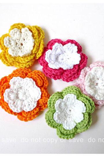 Colorful crochet flower 3 layer green pink, dark pink, orange and yellow for scrap booking, card making etc 