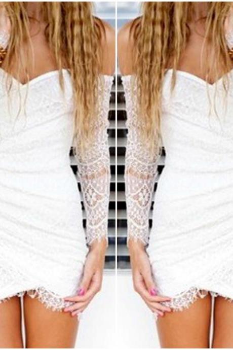 Sexy Off Shoulder Long Sleeve White Lace Dress Vn1